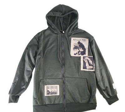 Art Graphic Full Zip Hoodie Green Statement Patch Streetwear Jacket NEW