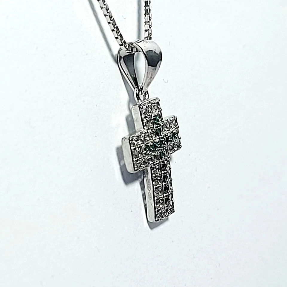 Collana Catena Veneziana Crocetta Argento925 Ciondolo Pendente Zirconi Brillanti - Immagine 2 di 4