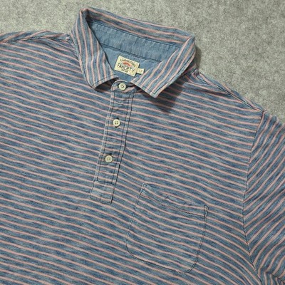 Faherty Polo Shirt Mens Large Blue Pink Striped Indigo Dyed Pocket Short Sleeve