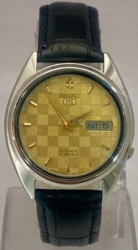 Vintage Casual Automatic Seiko5 Golden Dial "Day/Date" 7009 Watch Leather Strap