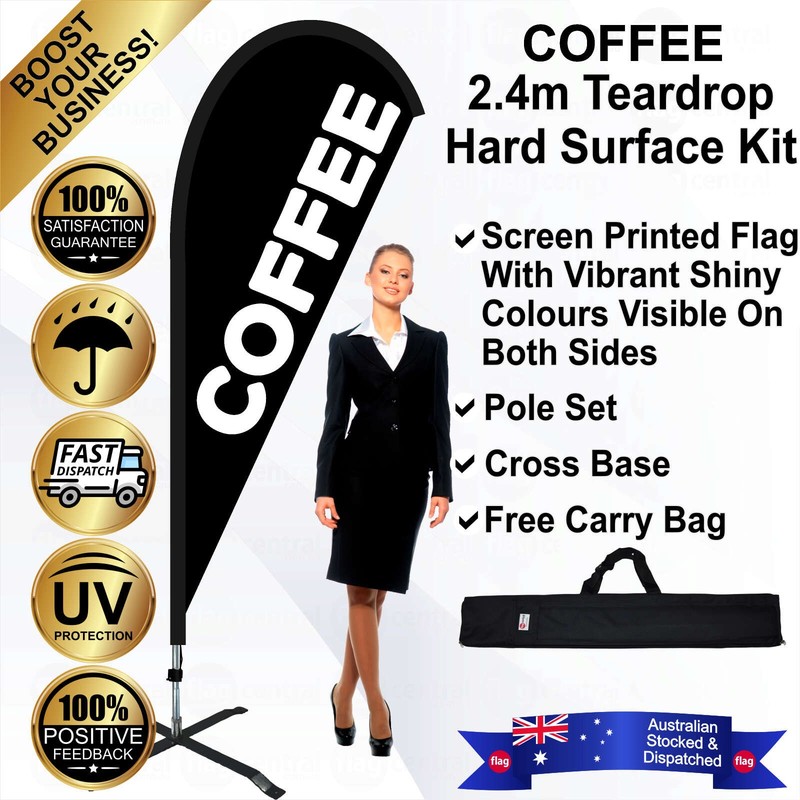 K - COFFEE Black 2.4m Teardrop Flag / Banner Kit with Pole Set, Steel Outdoor Cross Base and a Free Carry Bag - 1