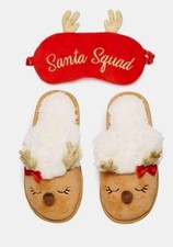 Children's Slippers Reindeer With Santa Squad Sleep Mask Size Small 10-11 NWT