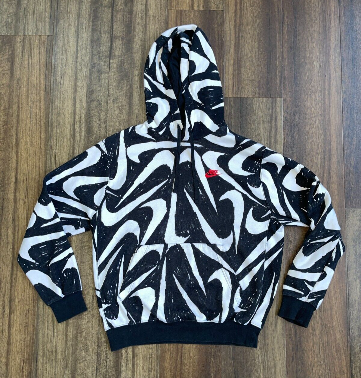 Nike Swoosh Hoodie All Over Print Logo Black White Mens Small | eBay