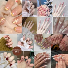 24Pcs French Fake nails Full Cover Nail Tips Press On Detachable Ballerina✔