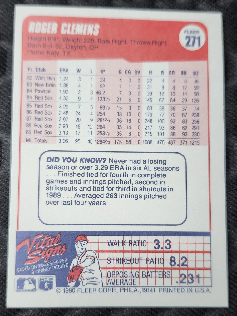 ビンテージハガキ VERY RARE* Roger Clemens 1990 Fleer #271 ERROR | eBay