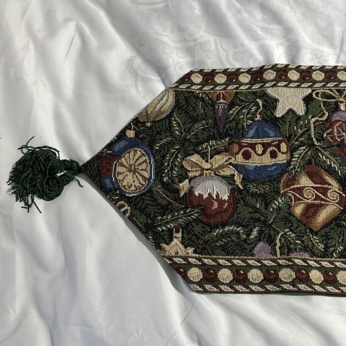 Tapestry 13" x 72” Vtg Christmas Ornament Balls Tasseled Table Runner Made India - Picture 3 of 11