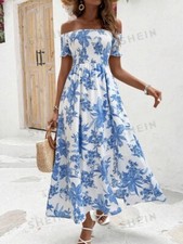 SHEIN VCAY Women's Off-Shoulder Short Sleeve Plant Blue Print Dress Sz L