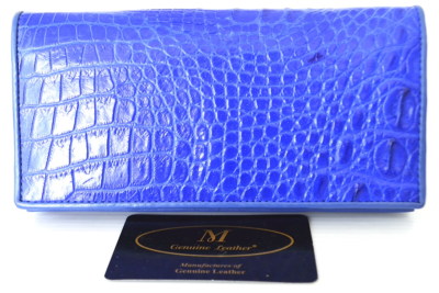 100% BELLY GENUINE CROCODILE LEATHER CHECKBOOK WALLET SHINY ROYAL BLUE NEW