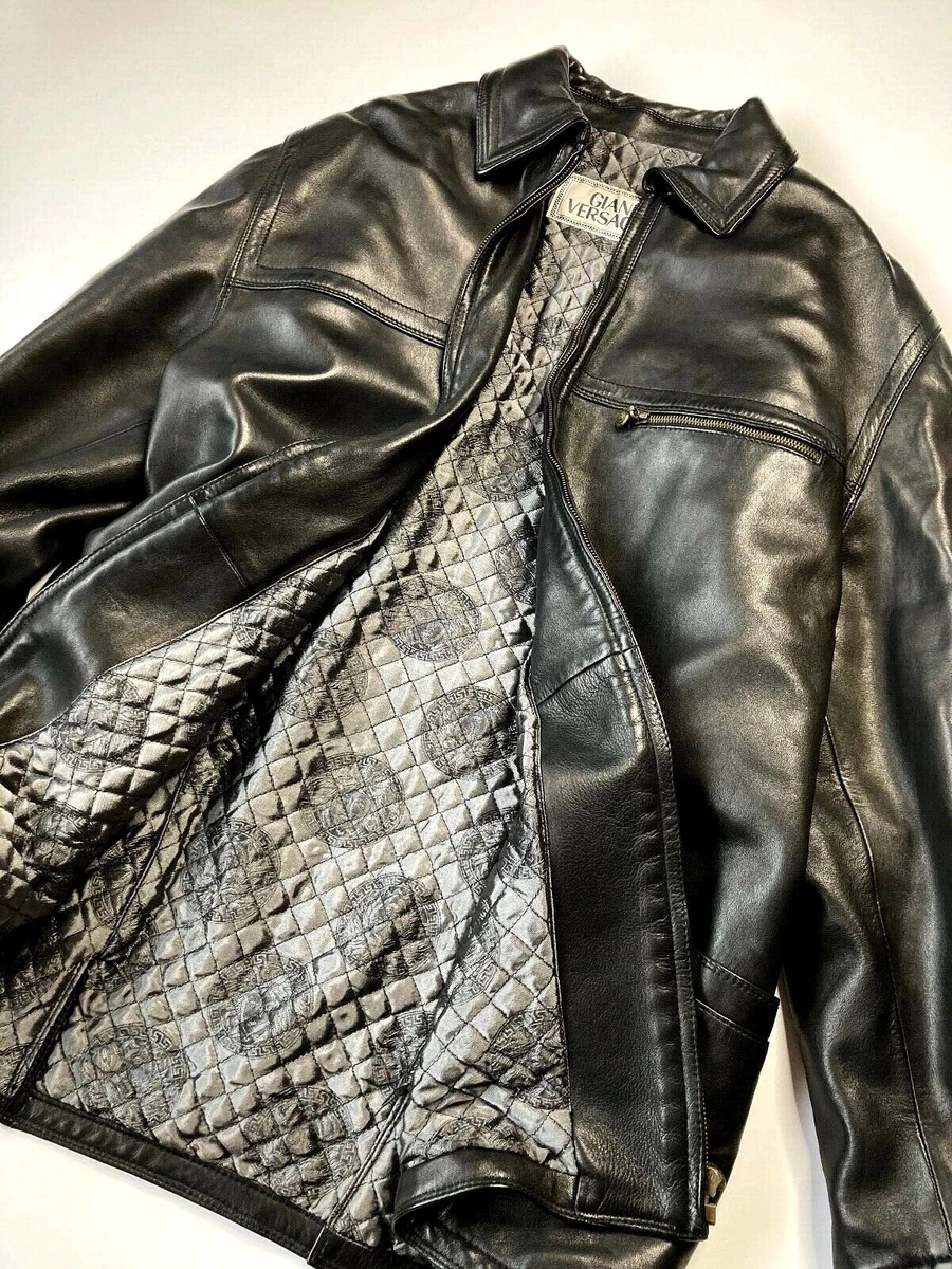 GIANNI VERSACE VINTAGE '97 LEATHER JACKET COAT MEN BLACK GLOSSY MEDUSA ITALY