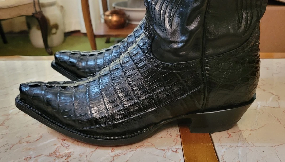Genuine Leather Caiman Tail Cowboy Western Boots Snip Toe Black