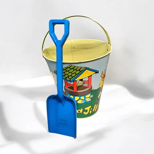Vintage Ohio Art Metal Tin Jack & Jill Sand Pail Bucket Handle Blue Shovel 8” T