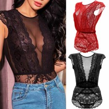 NEW Women's Lace Short Sleeve Bodysuit Leotard Top Romper Jumpsuit Lingerie