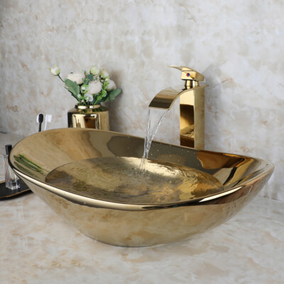 Oval Gold Bathroom Ceramic Vessel Sinks Basin Bowl &Mixer Faucet Deck Mounted