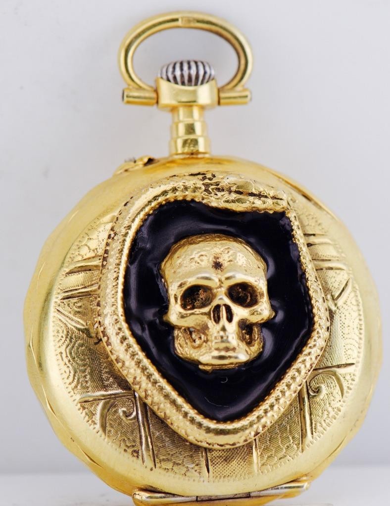 Antique French Occultist's Memento Mori Skull Pocket Watch Gilt