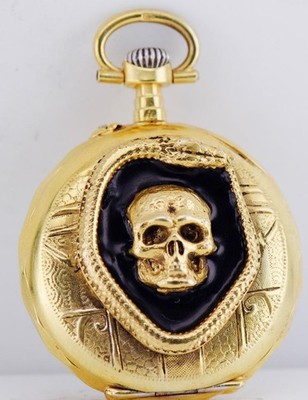Antique French Occultist's Memento Mori Skull Pocket Watch Gilt