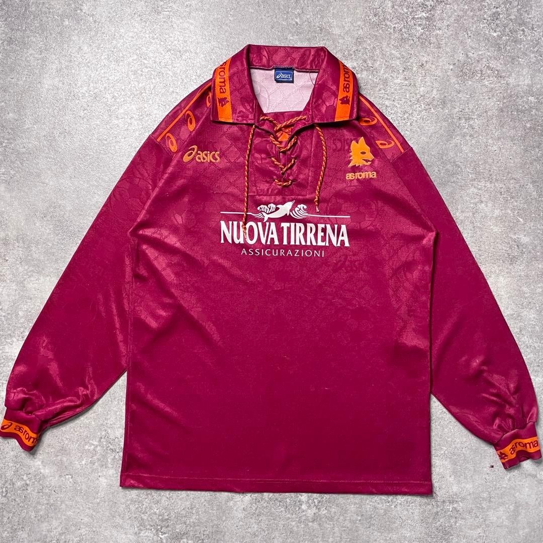 希少 asics サッカーユニフォーム ASローマ 1994/1995 モデル AS Roma 94-95 Home L/S Jersey Asics L(US M) Lace-Up Italy