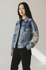 OOAK BOHO ARTSY HIPPIE DENIM JACKET STARS BUTTERFLY LACE, FLOWERS UPCYCLED LARGE