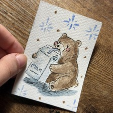 ACEO Original Mixed Media Painting Bear Drinking Milk Angelina Abraham 