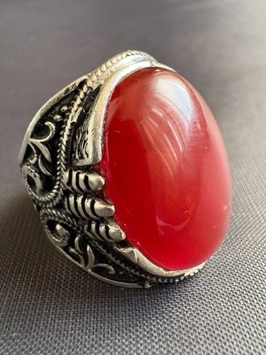 Vintage 925 Sterling Silver Ring Large Red Carnelian Handcrafted Ring Size 11 US