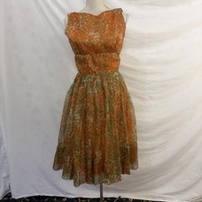 Orange & green bubbles print chiffon tea length dress vintage 50s/60s