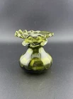 VTG Blenko Art Glass Green Mini Vase Pinched Ruffle Top Scroll Neck 3"