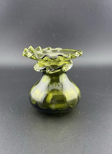 VTG Blenko Art Glass Green Mini Vase Pinched Ruffle Top Scroll Neck 3"
