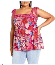 CITY CHIC 22 Women's Paradiso Print Top Adjustable shoulder ties Empire waist