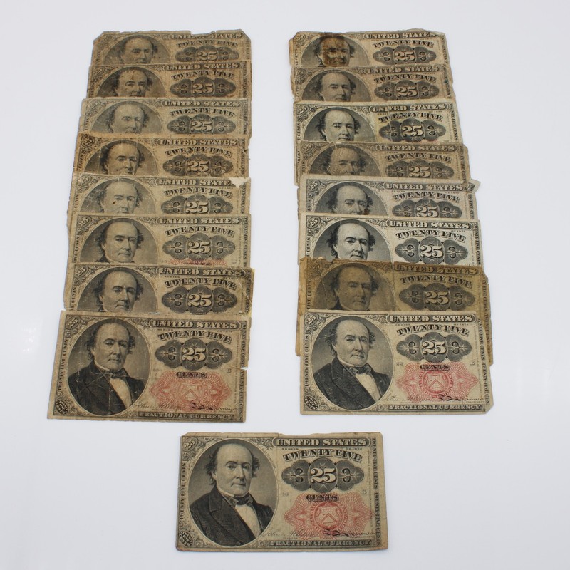 1874 25-Cent 5th Series US Fractional Currency Notes Lot of 17 #C848-4