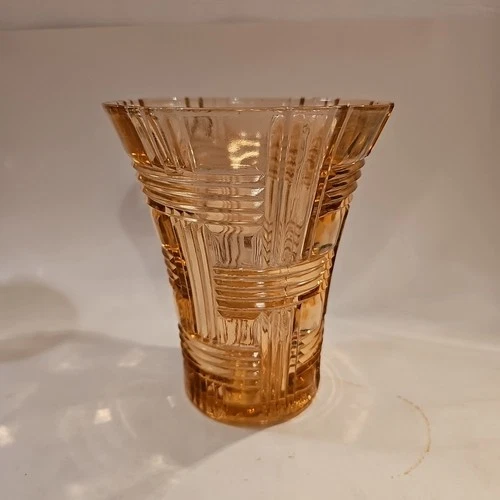 Vintage Anchor Hocking Pink Depression Glass Vase Basketweave Criss-Cross Patter