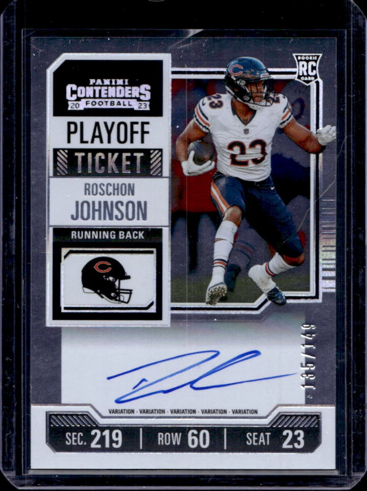 2023 Contenders Roschon Johnson Playoff Ticket Rookie Auto RC #135/149 Bears
