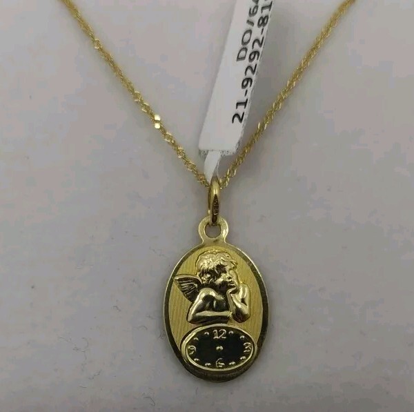 Colgante Y Cadena Oro 18k 750 mls. Medalla Ángel Y Reloj 19,4 MM.