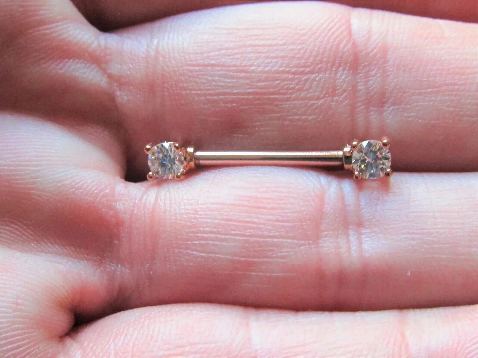 Круглая лабораторная штанга для пирсинга сосков тела 1 карат с покрытием из розового золота 14 карат - Изображение 2 из 4