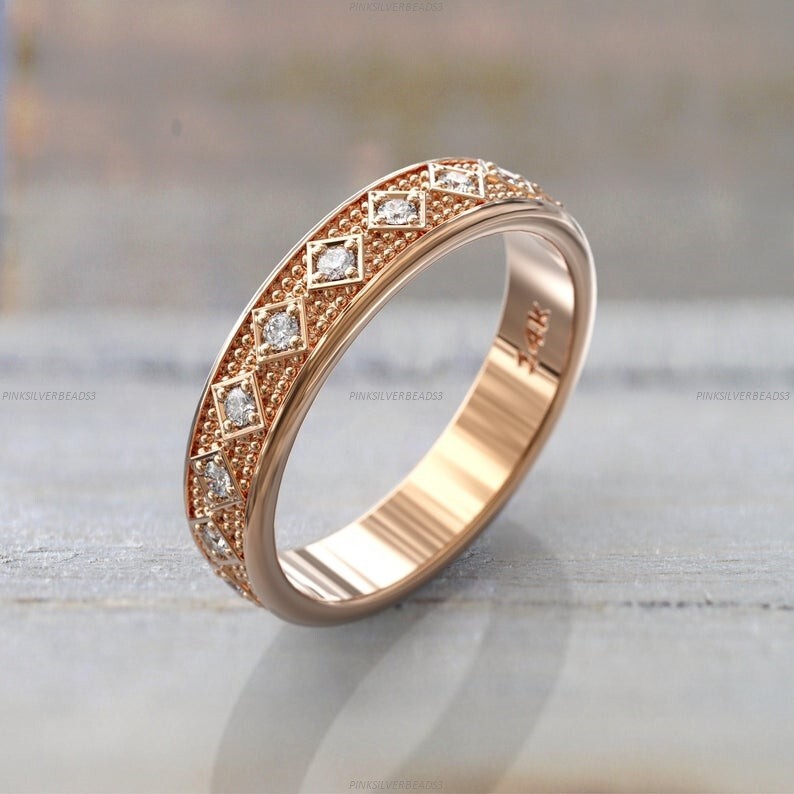 14k Rose Gold Moissanite Wedding Band Anniversary Gift For Her