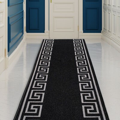 Custom Size Hallway Runner Greek Key Design Black-Silver 26''&31''By Your Length