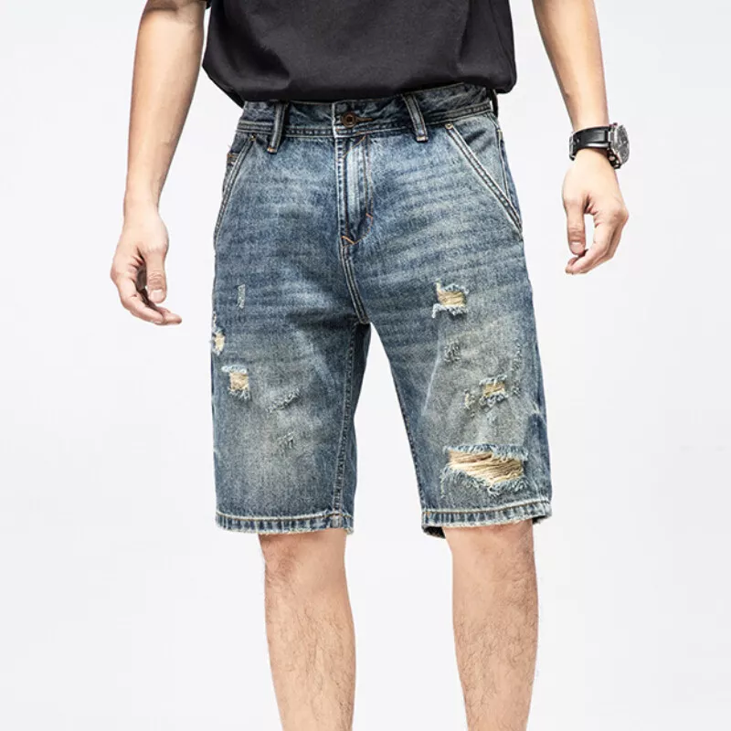 Men Distressed Ripped Denim Shorts Vintage Short Jeans with Hole