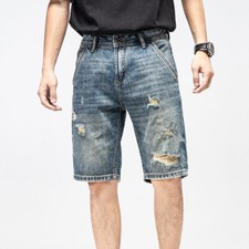 Shorts en Jean Délavé Déchiré Vintage à Trous Homme Bleu Coton Mélangé