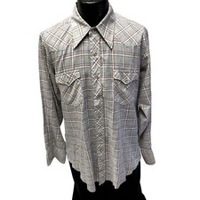 Vtg 70  s Wrangler Gray Red PLAID Cowboy Western Pearl Snap ROCKABILLY Shirt 44