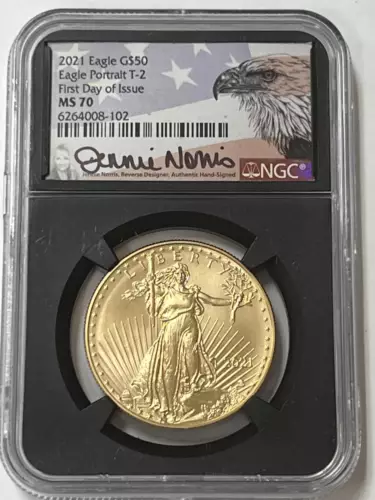 2021 $50 American Gold Eagle 1 oz NGC MS-70 Eagle Portrait T-2 FDOI Jenni Norris
