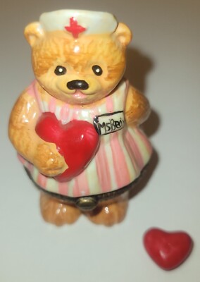 Bear Nurse Trinket Box w/ Heart Inside Candy Striper Hinged Ceramic -2.75  H