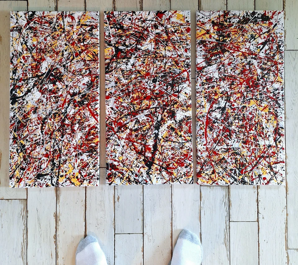Pintura de acción abstracta original estilo Jackson Pollock conjunto de tres 12x24 Foto 3 de 4