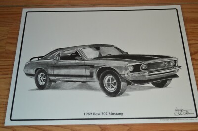 1969 Ford Mustang Boss 302 Art Print Laminated Drawing BOSS302 Muscle Car Decor