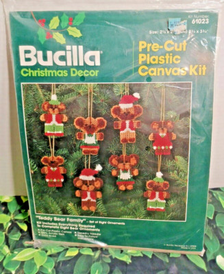 Bucilla Christmas Ornament Kit Teddy Bear Family Pre-Cut Plastic Canvas 8pc NIP