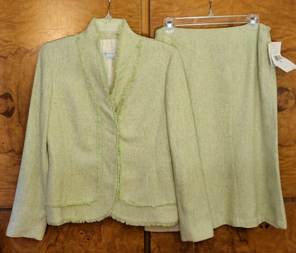 TRAJE FALDA MUJER NUEVO CON ETIQUETAS GARFIELD AND MARKS TWEED VERDE FLECOS MEZCLA SEDA ~ TALLA 6 Foto 4 de 4
