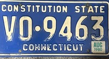 Vintage Connecticut CT License Plate Constitution State Classic Blue VO9463