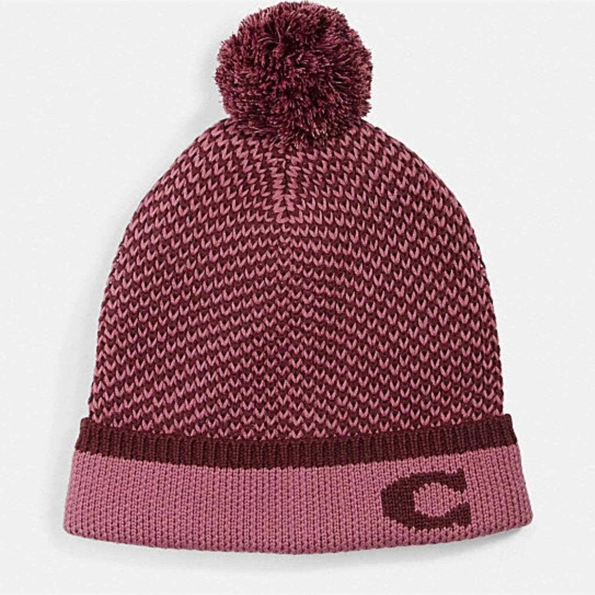 COACH Color Block Knit Hat With Pom Pom, Pink