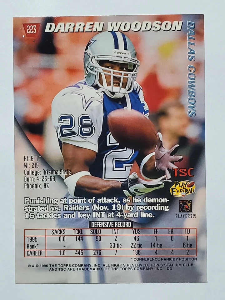 1996 Stadium Club #223A Darren Woodson ~ Dallas Cowboys - Image 2 of 2