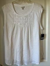 LUCKY BRAND Womens Smocked Peasant 1X Top WHITE Eyelet Cotton Cottagecore