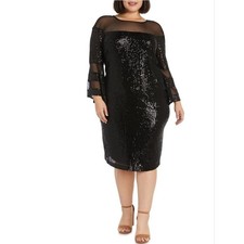 R M Richards Black Cocktail Dress Sequined Long Sleeve Midi Shift Size 16W