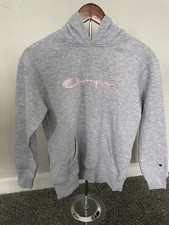 Champion Girls Large Gray Hooded Sweatshirt Pink Logo Long Sleeve Cotton Blend