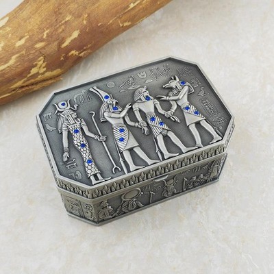 Vintage Jewellery Box Retro Egyptian Pharaoh Metal Sun God Carved Storage Case